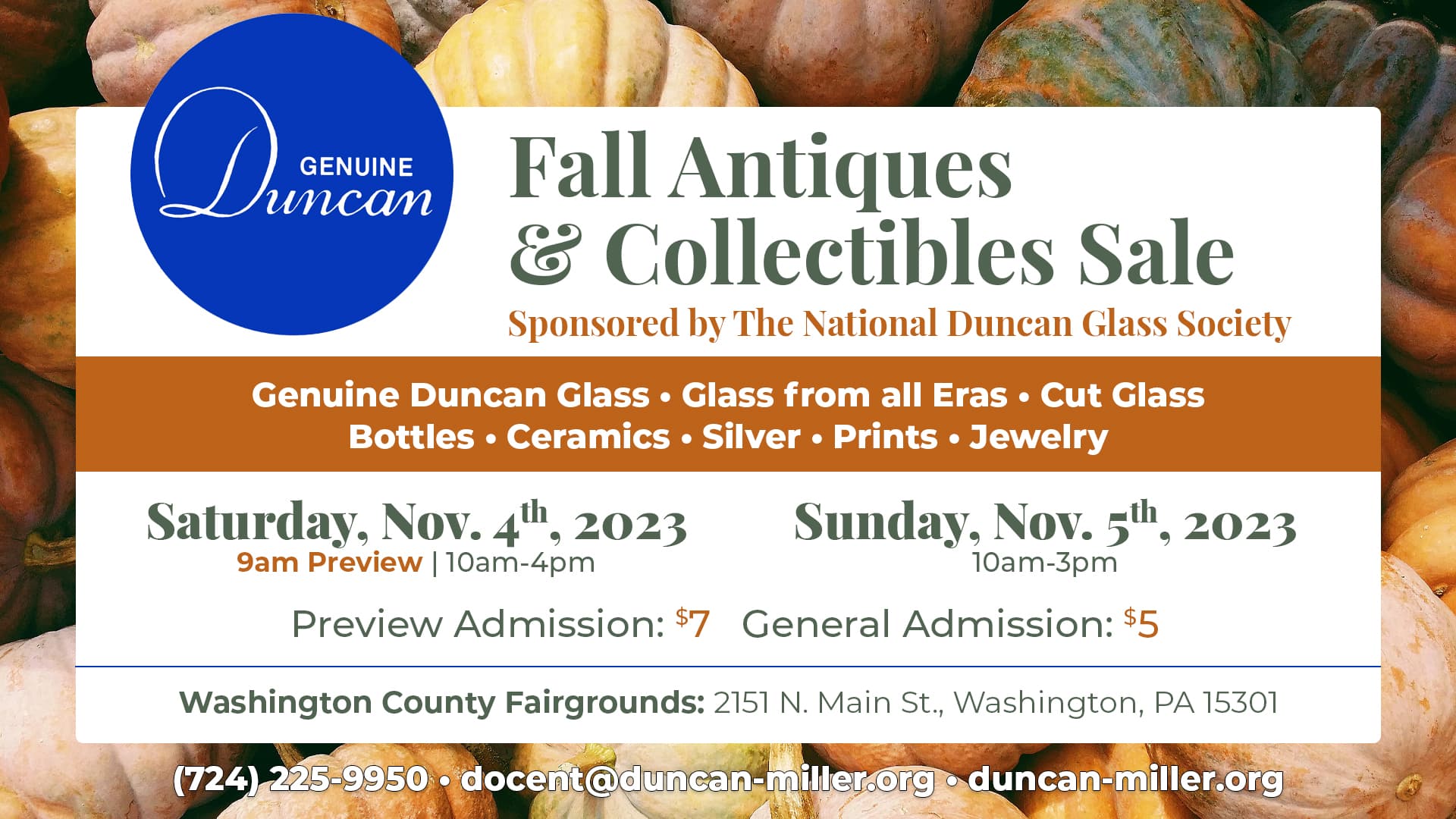 48th annual antiques and collectibles sale sponsored by The National Ducan Glass Society July 8th-9th, 2023.